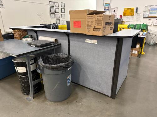(2) Person Workstation 121&rdquo; x 43&rdquo; x 43&rdquo; w/ (2) Wood top tables 48&rdquo; x 24&rdquo; x 30&rdquo; and (1) 60&rdquo; x 24&rdquo; x 29&rdquo;