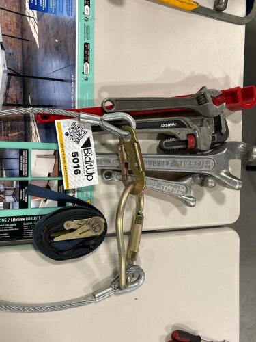 Husky aluminum pipe wrench,assorted tools, and Galv. Cable
