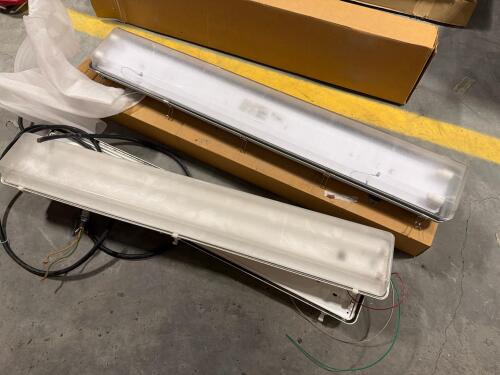 (2) Rig-A-Lite fluorescent lighting fixtures, & (2) LSI Midwest Lighting Fixtures