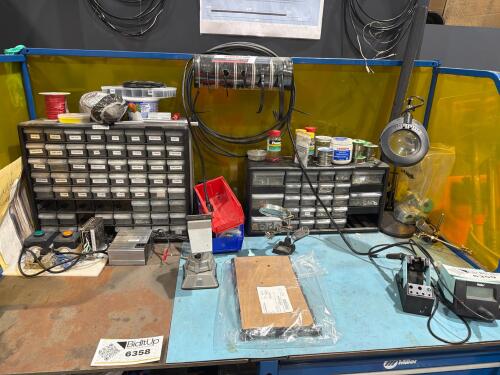 Weller WE1010 power unit, digital soldering station, AND assortment of Splices, AND (2) Microscopes, AND Ready-made Concrete patch, AND electrical components, etc.