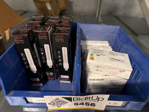 (12) RAB 9.5 Watt LED PL lamp bulbs with a G24q base, & (7) Lustaled G12/G8.5 LED light bulbs