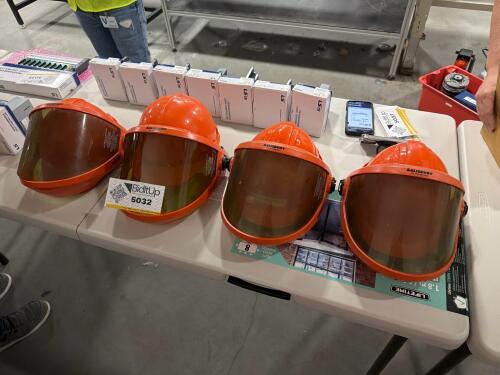 (4) Salisbury arc flash face shields by Honeywell paired with hard hats