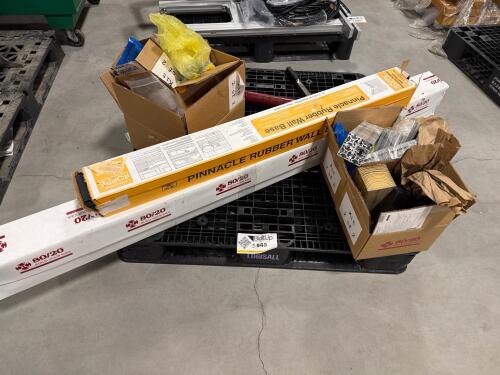 Lot of Pinnacle Rubber Wall Base, AND box of 80/20 brand T-slot aluminum extrusion components. AND Grease gun