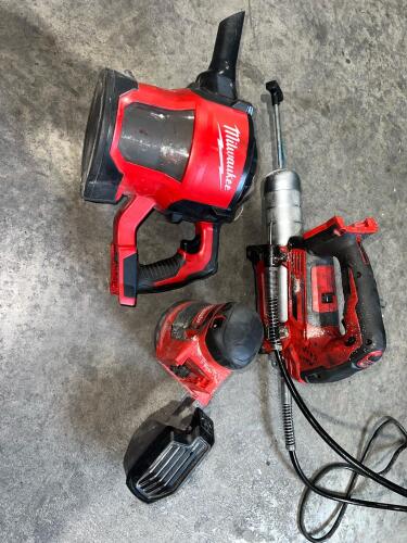 Milwaukee Tool M18 Tool Lot &ndash; Grease Gun, Random Orbit Sander, Compact Vacuum