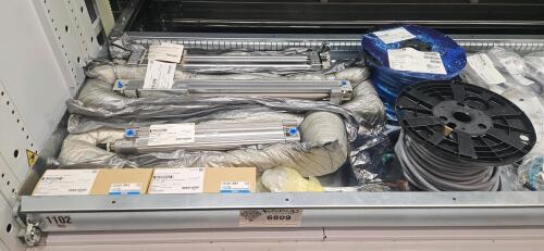 Divider Tray of 1014- Lot of Assorted Air Cylinders, Clamp Arms, Processed Wire, Rodless Cylinders
