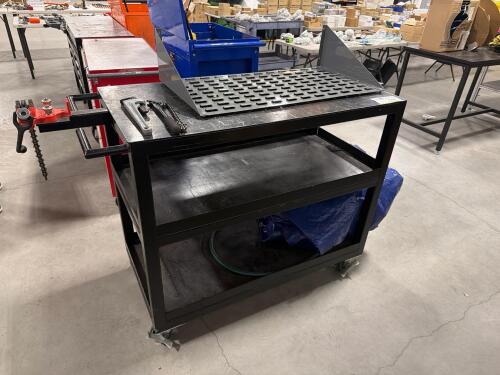 Heavy-duty utility cart with RIGID bench chain pipe vise BC-210A, aluminum pipe wrench, and Louvered bench rack