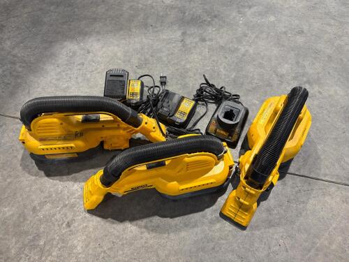 (3) DeWalt 20V MAX 1/2 Gallon Wet/Dry Portable Vacuums, AND (2) DeWalt DCB107 12V/20V MAX Lithium Ion chargers, AND DeWalt DW9226 7.2V-18V NiCd 1-Hour Battery Charger, AND (3) 20V Dewalt 2AH Batteries