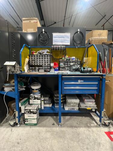 Mobile Industrial Workbench with Drawer Storage, Hardware & Organized Parts Assortment (Soldering iron/accessories and vice not included)