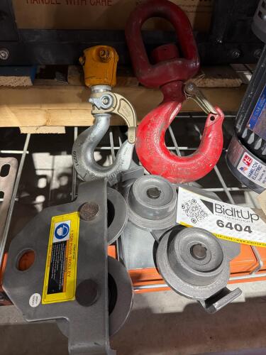 (2) 1 Ton Push Trolleys, AND Crosby L-3322B alloy ball bearing swivel hook with a latch, AND Crosby Bullard Golden Gate Hook