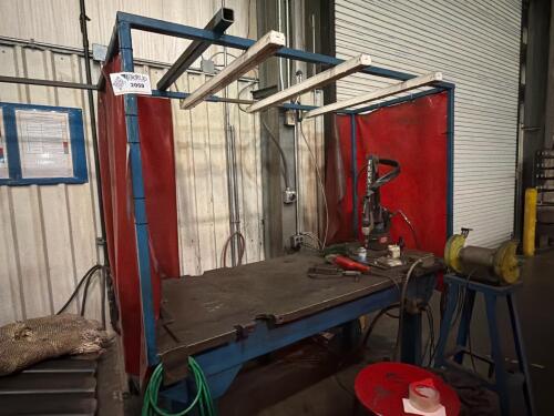 Welding/ work bench station, & (3) welding screens. Includes FlexArm with Ingersoll Rand industrial die grinder