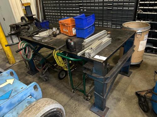 Industrial Steel Workbench w/ Large Bench Vise, Oxygen Regulator, Torch Hoses, Extruded Aluminum Framing & Assorted Shop Hardware
