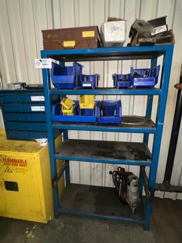 Industrial Steel Storage Shelving w/ Assorted Hardware Bins, Lawson Products Stud Stretcher Kit, Magnetic Drill Press & Shop Hardware