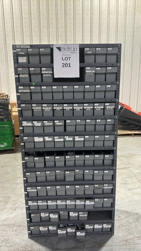 Uline Closed Shelf Bin Organizer 36&rdquo; X 18&rdquo; X 75&rdquo; With Bins And Parts: Set Screws, Stainless Washers, Stopper Screws, Dowel Pins, Nuts, Air Couplers, Air Plugs, Pin Plugs, Socket Head Cap Screws