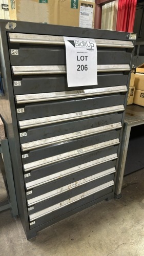 Rousseau Heavy Duty Modular Drawer Cabinet, 9- Drawer, With Asst&rsquo;D Parts: Springs, Takata Pierce Die, Form Punch, Plus Parts, Cabinet Dimensions: 36&rdquo; X 24&rdquo; X 60&rdquo;