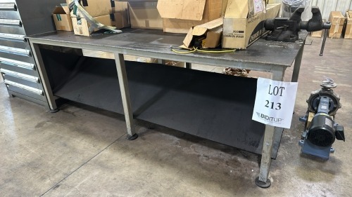 Heavy Duty Metal Table With 5&rdquo; Jaw Vise, Table Dimensions: 8&rsquo; X 4&rsquo; X 33.5&rdquo;, (No Contents)