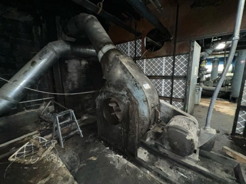 ndustrial Centrifugal Blower System with Electric Motor, Belt Drive, and Ducting Assembly