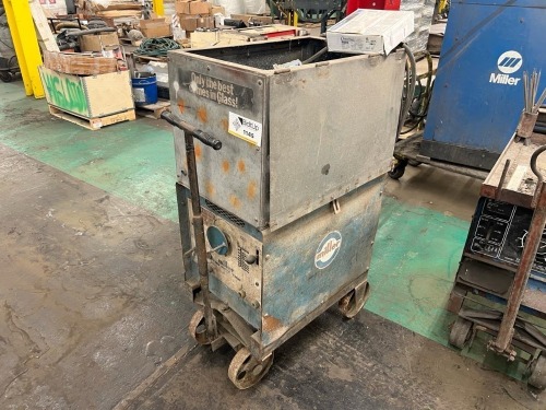 Miller Two Fifty Twin AC/DC Arc Welder Serial HE748806 on Casters with Leads and Consumables on Industrial Cart with Casters