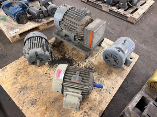 Pallet of General Electric Energy Saver Extra Severe Duty AC Industrial Motor (model 5KS13BC205), & Allis-Chalmers Synduction motor, & Allis-Chalmers Synduction Motor, & Baldor Electric industrial motor.