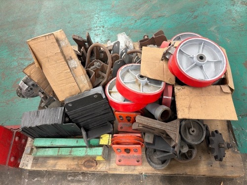 Pallet of industrial-grade heavy-duty swivel casters, pulley&rsquo;s, & related hardware