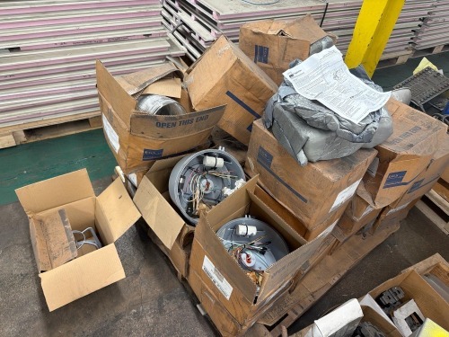 Pallet of Appleton LPG-R1 prismatic glass refractors, & Appleton KGU1 Globe Guards, Appleton Mercmaster III (MMIII) high-intensity discharge (HID) ballast housing units