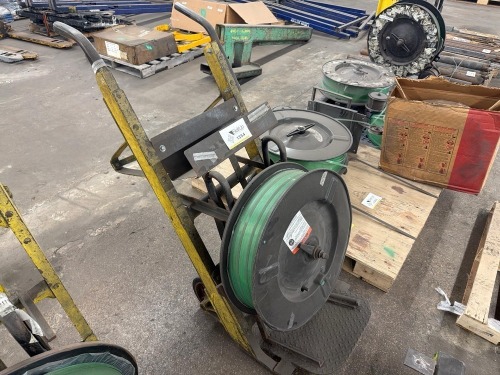 Heavy-duty industrial wire reel cart with roll of polyester (PET) strapping band