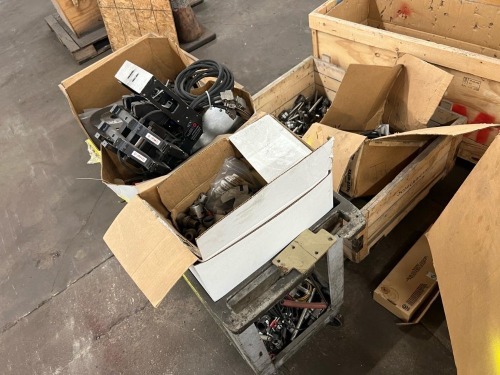 Pallet of Industrial Machine Components Including O-I Glass Inspection Devices, Sensor Assemblies, Mounting Hardware, Cables & FPS Control Panel