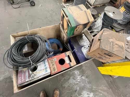 Pallet of Assorted Industrial Wire & Cable Spools, CAT6 Riser Cable, Easy Reel Boxes, Bulk Coiled Cable