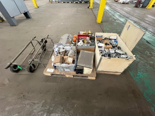 Pallet of Assorted Electrical Components, Conduit Fittings, Cable Reel Carts, Emergency Lights, Wire & UPS Units