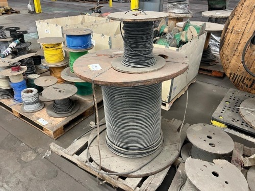 (2) Large Industrial Electrical Cable Spools &ndash; Heavy Gauge Multi-Conductor Wire on Wooden Reels