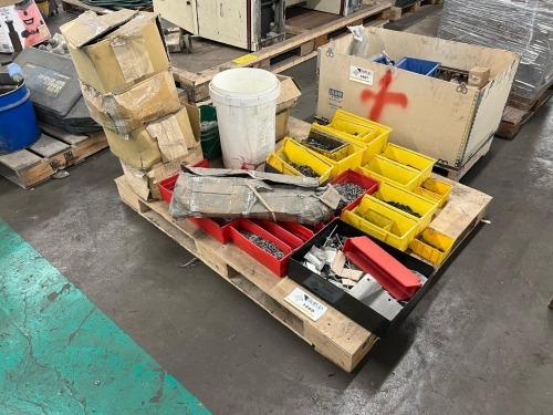 Mixed Industrial Hardware Lot with Fasteners, Bolts, Washers, and Assorted Metal Components on Pallet