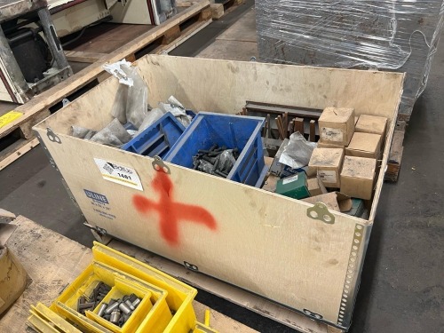 Mixed Industrial Tooling and Hardware Lot with Socket Head Cap Screws, Tool Steel Blocks, and Assorted Components in Uline Crate