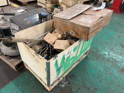 Industrial Welding Equipment and Supplies Lot &ndash; Victor Acetylene Regulator System, Gas Regulators, Torch Handles, Welding Rods, Electrodes, and Shop Hardware in Uline Crate