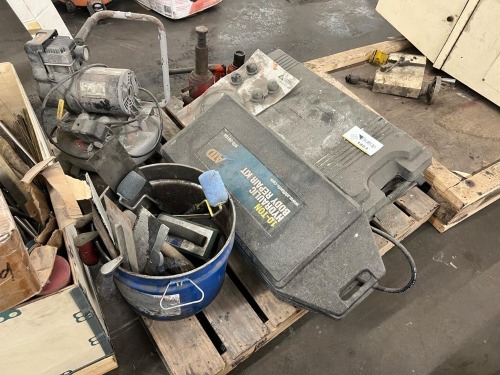 Industrial Shop Equipment Lot &ndash; ATD 10 Ton Hydraulic Body Repair Kit, Bottle Jacks, Air Compressor Motor (Emerson), Metalworking Tools, Finishing Tools, and Shop Equipment on Pallet