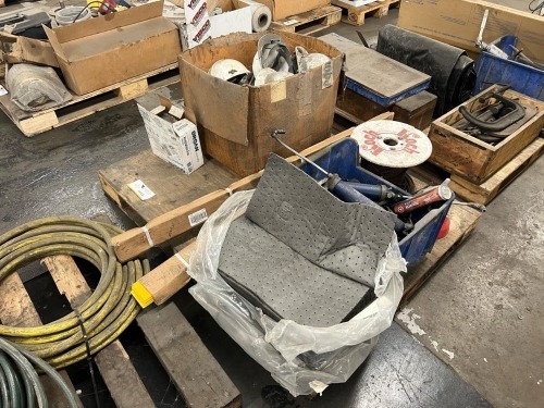 Mixed Industrial Shop Lot &ndash; Hard Hats, Cable Spool, Grease Guns, Perforated Plates, and Assorted Tools on Pallet