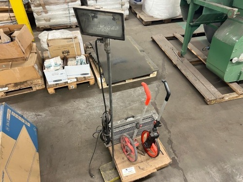 Industrial Surveying & Jobsite Equipment Lot: DuraWheel DW-1000, Crescent Lufkin 12" Measuring Wheels, Tripod Floodlight, and Insect Light Trap