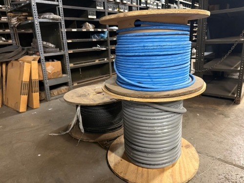 (3) spools of electrical cable, AFC Cable Systems Liquid-Tuff flexible conduit, & Eaton Aeroquip FC332 AQP socketless hose.