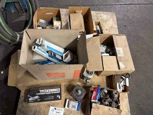 Pallet of assorted automotive/ industrial U-joints, ASCO Solenoid Valve Coils, Condor HD24-4.8-A+ Linear DC Power Supply units, Wilkerson EconOmist standard lubricator, gear motor, & valves