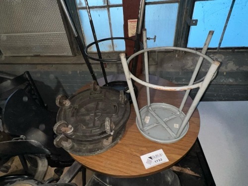 Mixed Lot: (1) Round Table, (3) Stools, (2) Chairs, (2) Trash Can Dollies & Trash Can