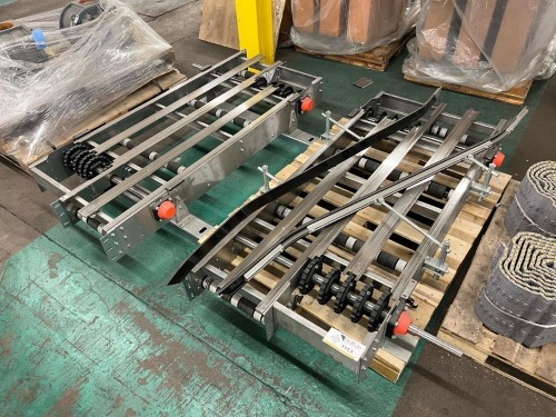 (2) Chain Driven Roller Conveyor Transfers with Guide Rails and Sprocket Drive Assemblies