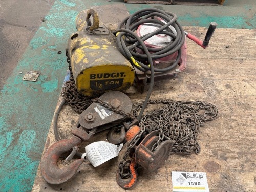 Budgit Electric Chain Hoist, McKissick snatch block, Duff-Norton Lynx LHH manual chain hoist, & Heavy-duty industrial hose/ cable reel
