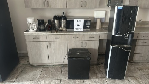 Lot Mirage Water Dispenser, Small Refrigerator, Microwave Oven, And Coffee Makers