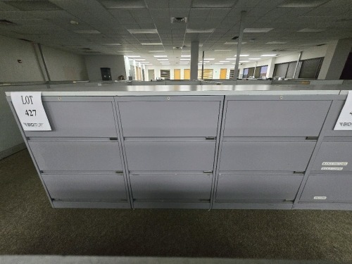 (6) Sections of 30"x18"x42" 3 Drawer Lateral Filling Cabinets and Wooden Top