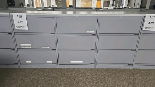 (6) Sections of 30"x18"x42" 3 Drawer Lateral Filling Cabinets and Wooden Top