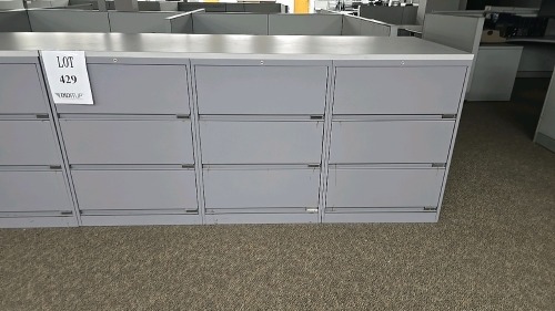 (6) Sections of 30"x18"x42" 3 Drawer Lateral Filling Cabinets and Wooden Top