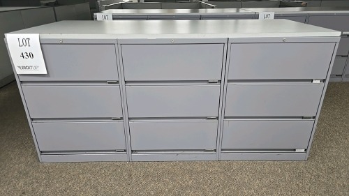(6) Sections of 30"x18"x42" 3 Drawer Lateral Filling Cabinets and Wooden Top