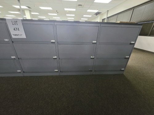 (6) Sections of 30"x18"x42" 3 Drawer Lateral Filling Cabinets and Wooden Top