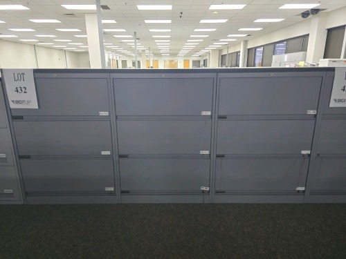 (6) Sections of 30"x18"x42" 3 Drawer Lateral Filling Cabinets and Wooden Top