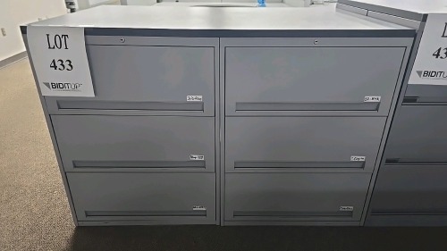 (4) Sections of 30"x18"x40" 3 Drawer Lateral Filling Cabinets and Wooden Top