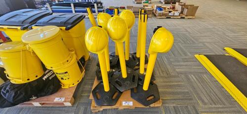 (9) Uline Retractable Belt Stanchions, w/ (5) Uline Safety Helmets