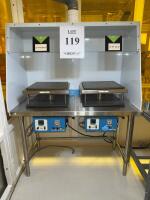(2) Gwensco Laboratory Heated Platen Presses with Digital Control, 16"x16" Platens, Custom Hood and Stainless Steel Table Included